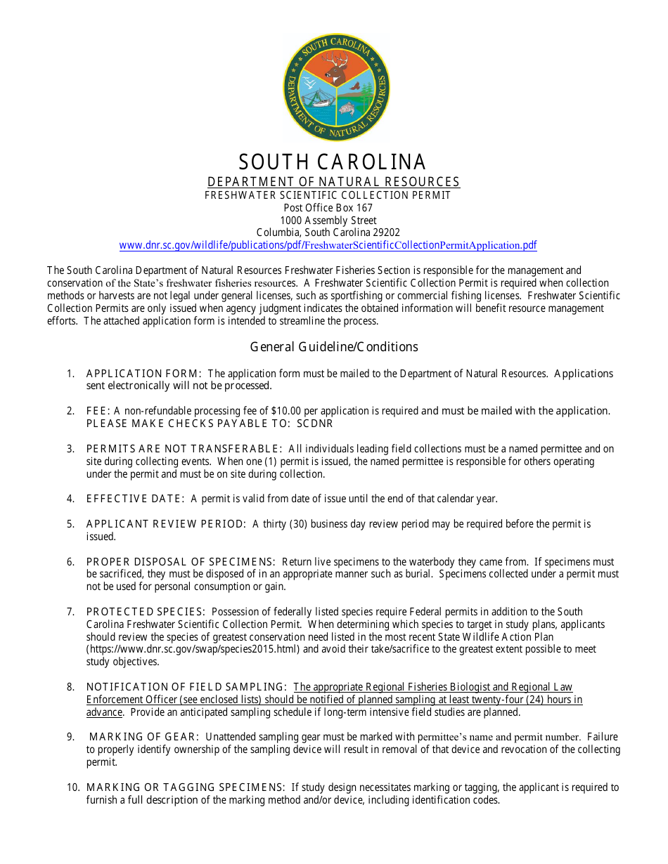 Freshwater Scientific Collection Permit - South Carolina, Page 1