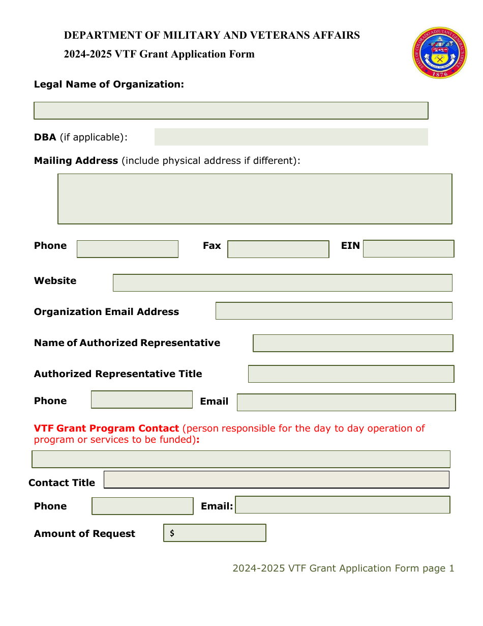 Vtf Grant Application Form - Colorado, Page 1