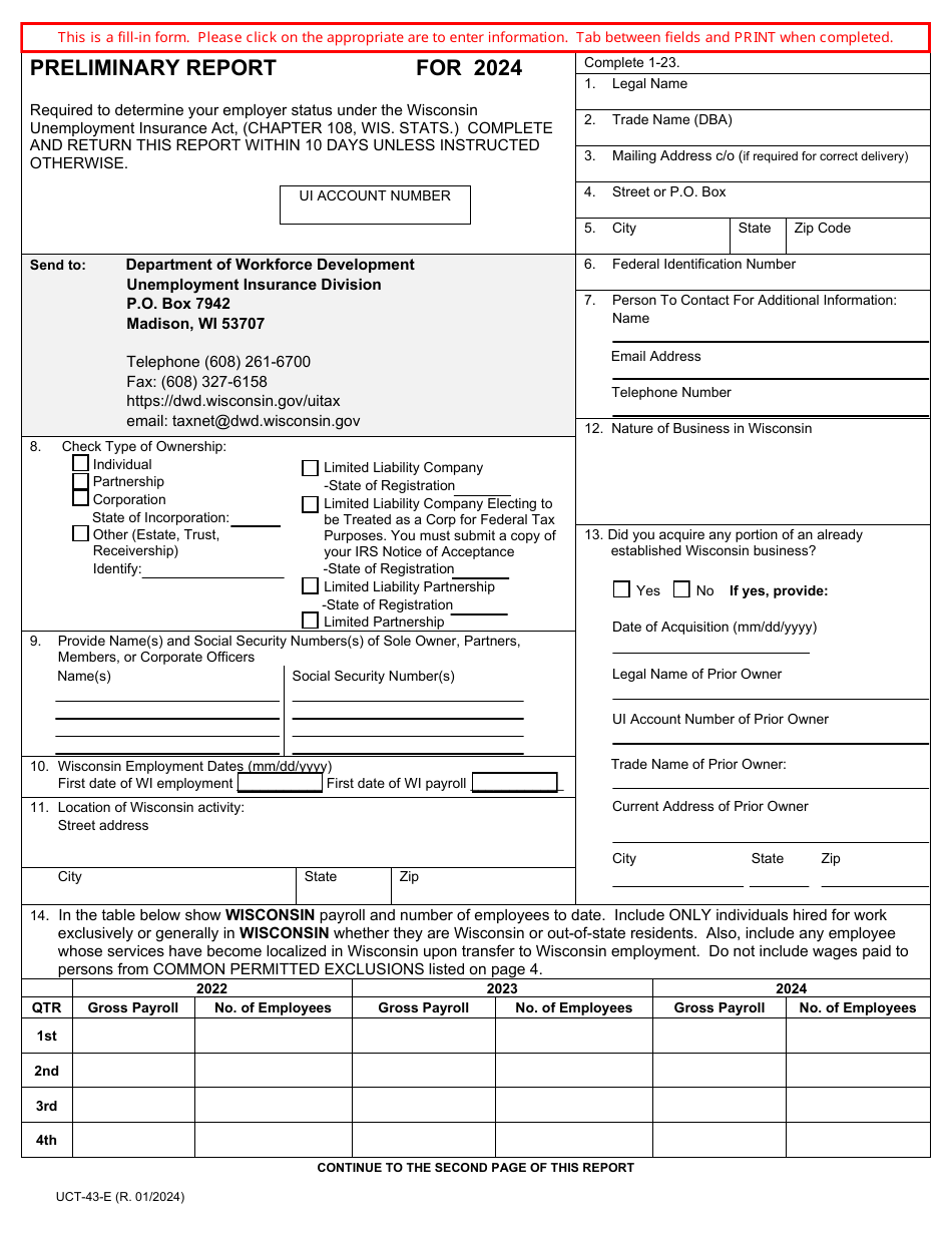 Form UCT-43-E Download Fillable PDF or Fill Online Preliminary Report ...