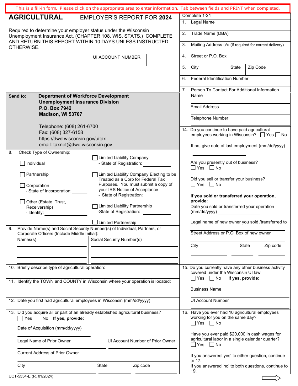 Form UCT-5334-E Agricultural Employers Report - Wisconsin, Page 1