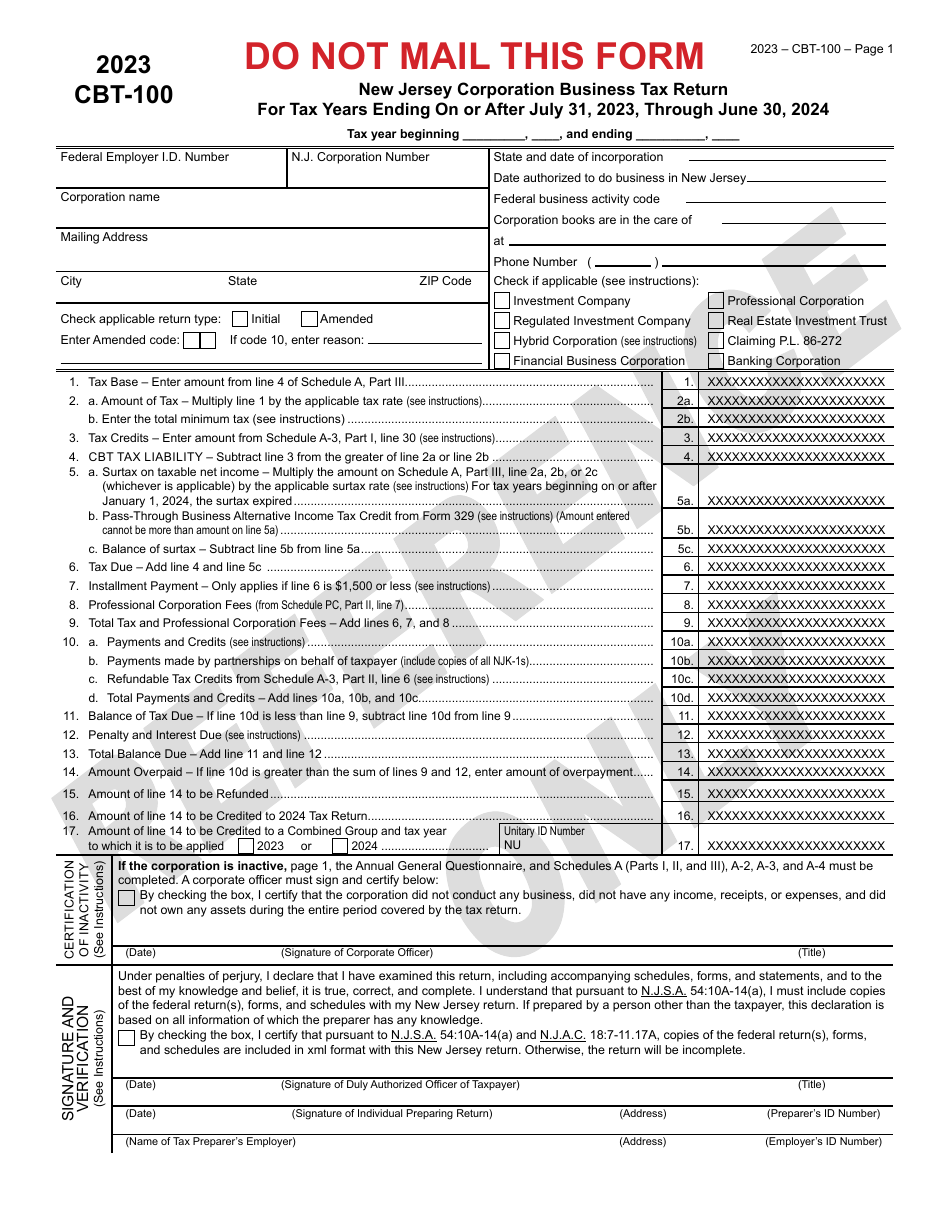 Form CBT-100 New Jersey Corporation Business Tax Return - New Jersey, Page 2