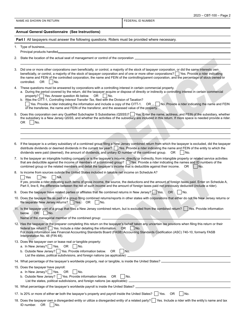 Form CBT-100 New Jersey Corporation Business Tax Return - New Jersey, Page 3