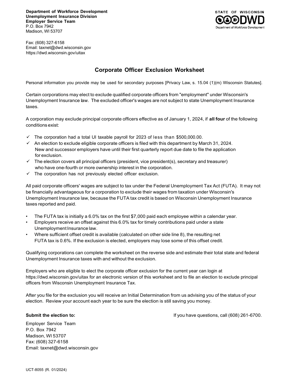 Form UCT-7937 Corporate Officer Exclusion Worksheet - Wisconsin, Page 1