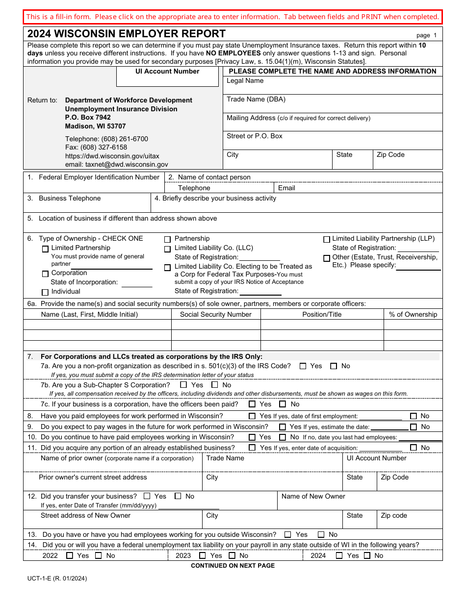 Form UTC-1-E Wisconsin Employer Report - Wisconsin, Page 1