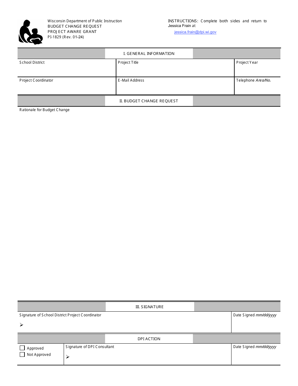 Form PI-1829 Budget Change Request - Project Aware Grant - Wisconsin, Page 1