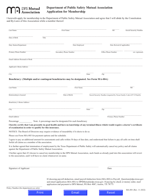 Form MA-001 Mutual Association Application for Membership - Texas