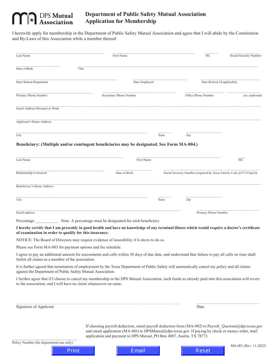 Form MA-001 Mutual Association Application for Membership - Texas, Page 1