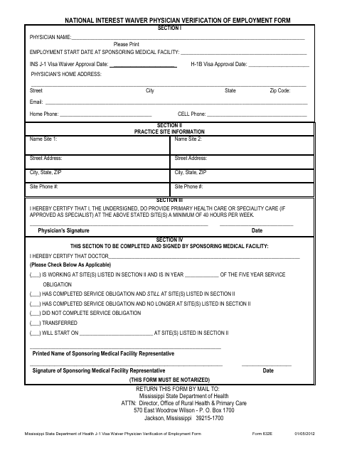 Form 632E National Interest Waiver Physician Verification of Employment Form - Mississippi