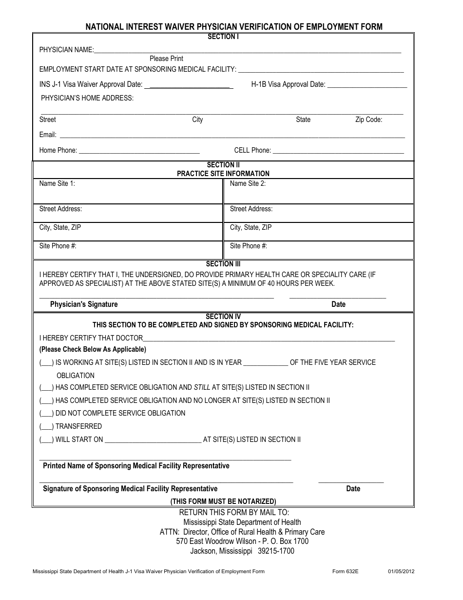Form 632E National Interest Waiver Physician Verification of Employment Form - Mississippi, Page 1
