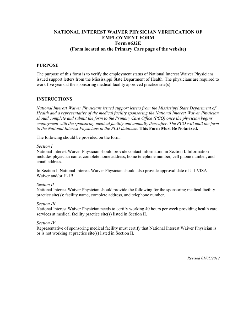 Form 632E National Interest Waiver Physician Verification of Employment Form - Mississippi, Page 2