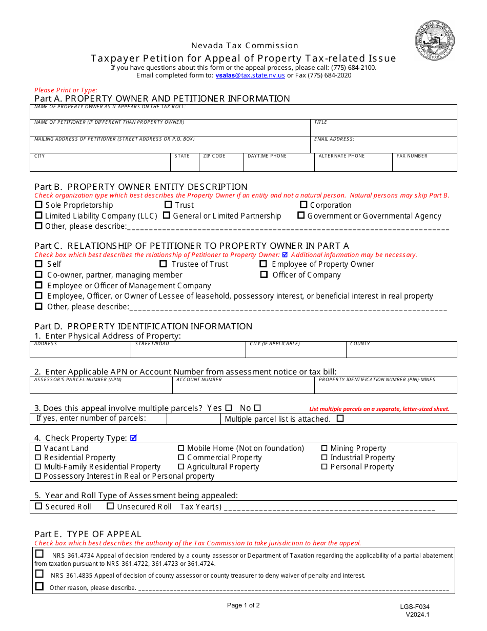 Form LGS-F034 Taxpayer Petition for Appeal of Property Tax-Related Issue - Nevada, Page 1