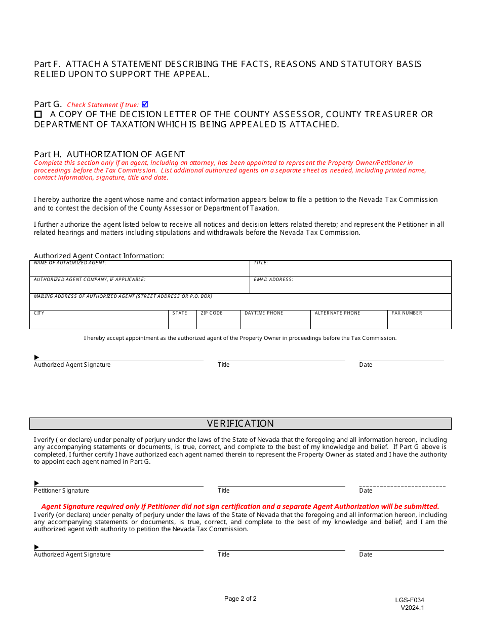 Form LGS-F034 Taxpayer Petition for Appeal of Property Tax-Related Issue - Nevada, Page 2