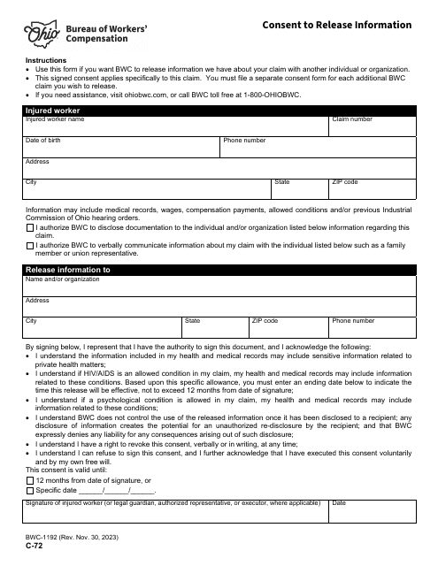 Form C-72 (BWC-1192) Consent to Release Information - Ohio