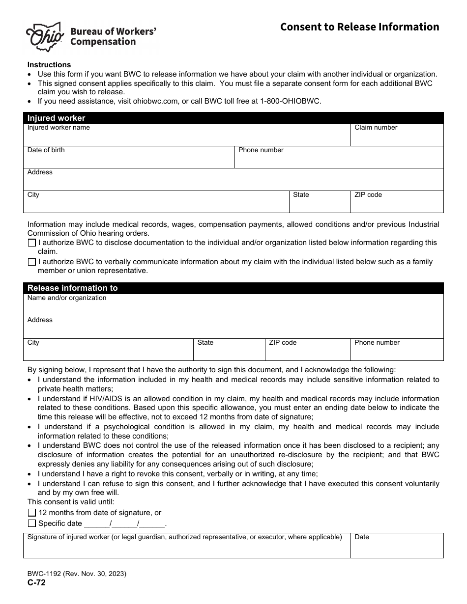 Form C-72 (BWC-1192) Consent to Release Information - Ohio, Page 1