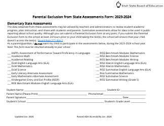 Parental Exclusion From State Assessments Form - Utah