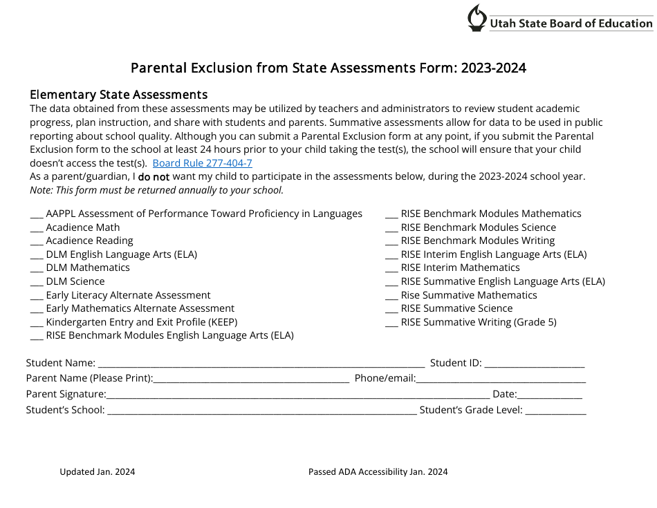 Parental Exclusion From State Assessments Form - Utah, Page 1