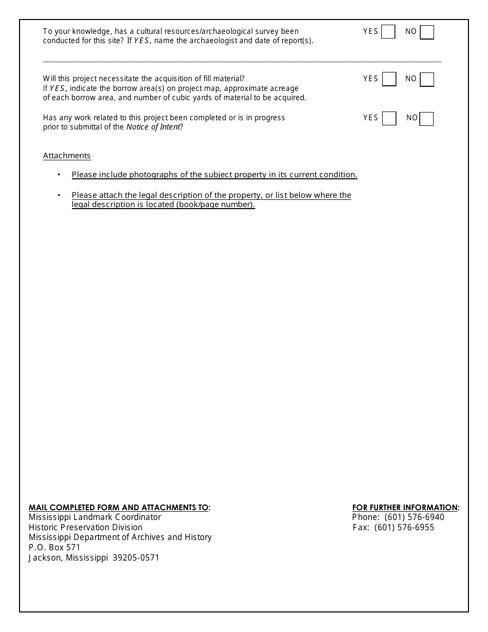 Notice of Intent Form of Public Construction, Public Improvement, or Transfer of Public Property to Private Ownership - Ground Disturbing Activity / Archaeology - Mississippi, Page 2