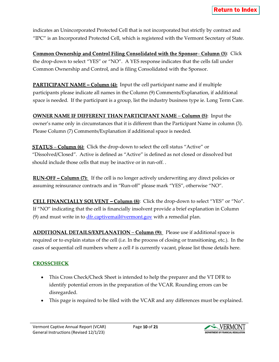 Instructions for Vermont Captive Insurance Company Annual Report - Vermont, Page 10