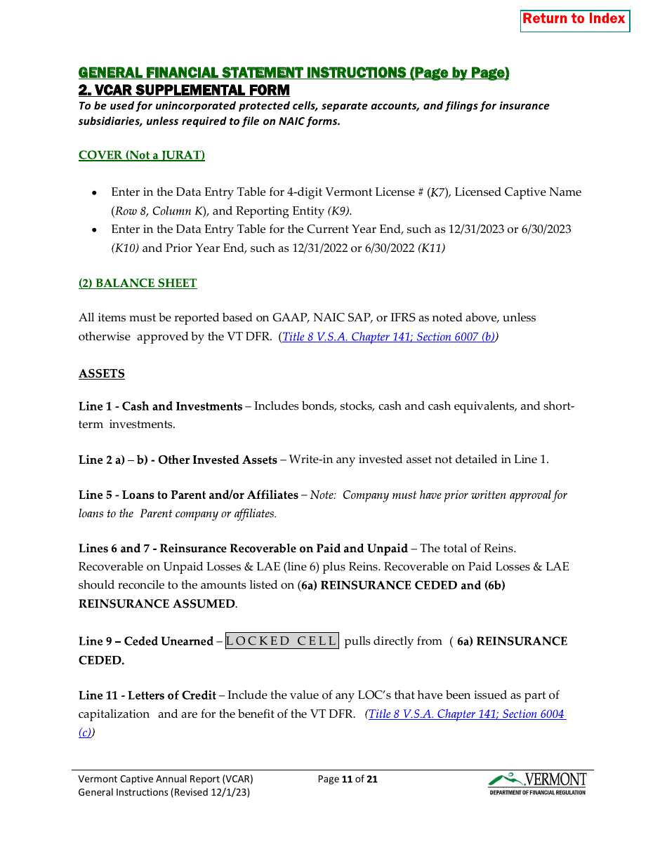 Instructions for Vermont Captive Insurance Company Annual Report - Vermont, Page 11