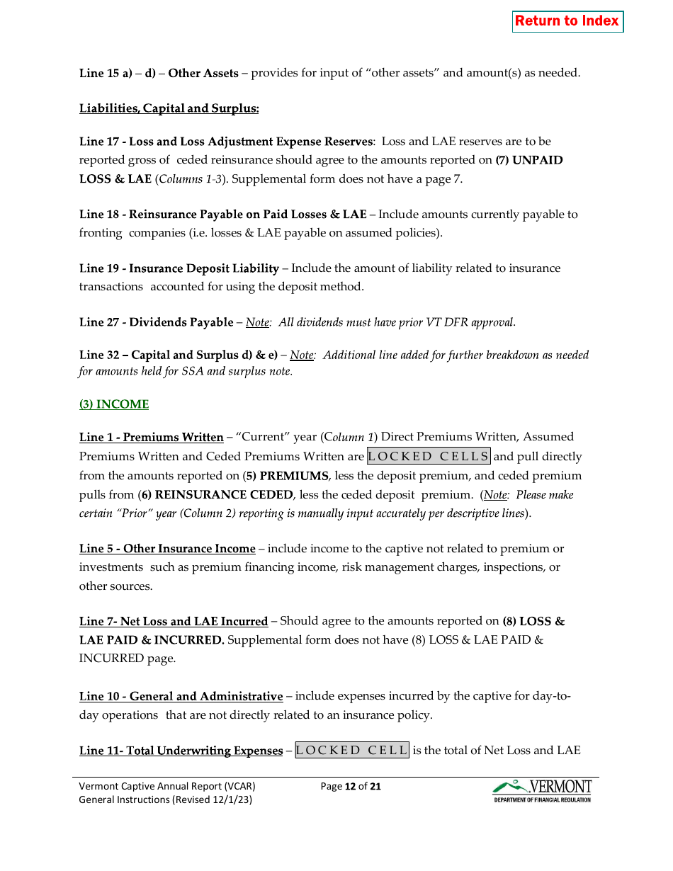 Instructions for Vermont Captive Insurance Company Annual Report - Vermont, Page 12