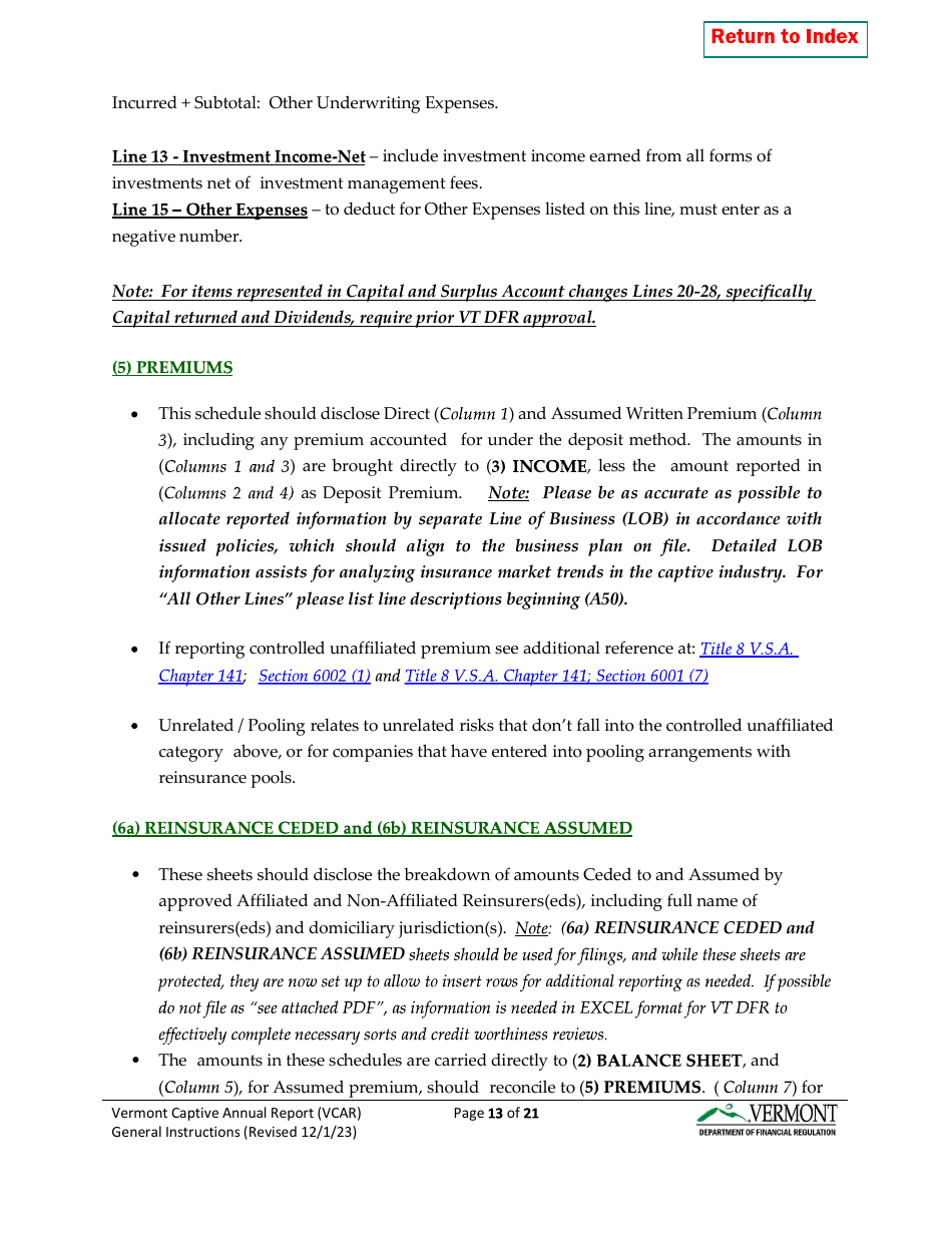 Instructions for Vermont Captive Insurance Company Annual Report - Vermont, Page 13