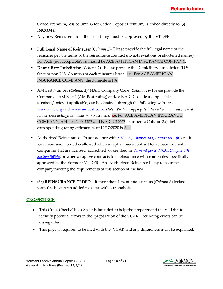 Instructions for Vermont Captive Insurance Company Annual Report - Vermont, Page 14