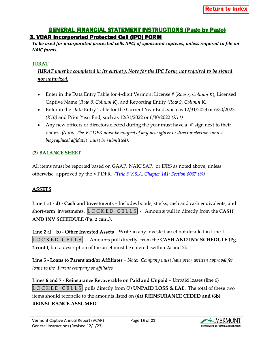 Instructions for Vermont Captive Insurance Company Annual Report - Vermont, Page 15