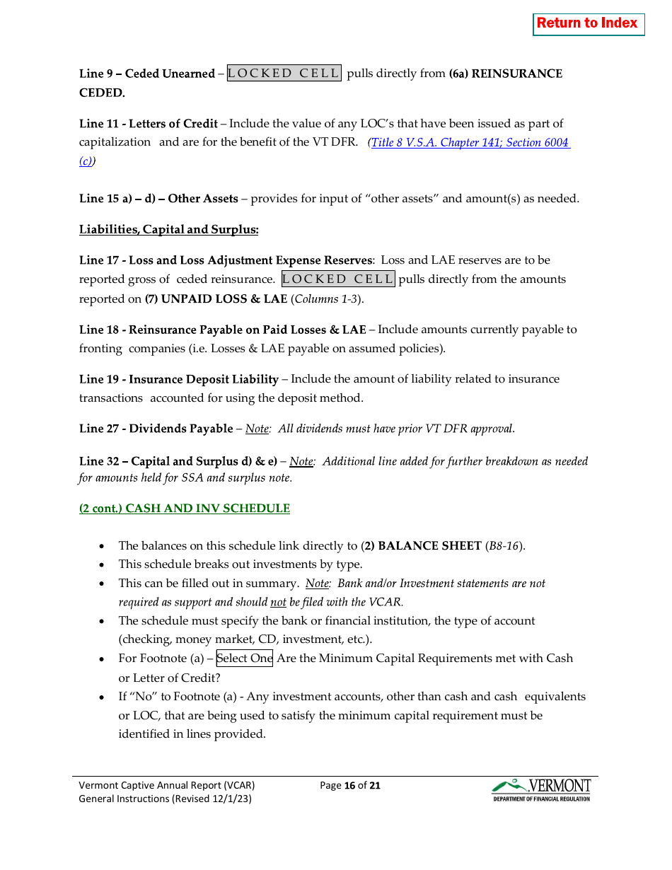 Instructions for Vermont Captive Insurance Company Annual Report - Vermont, Page 16