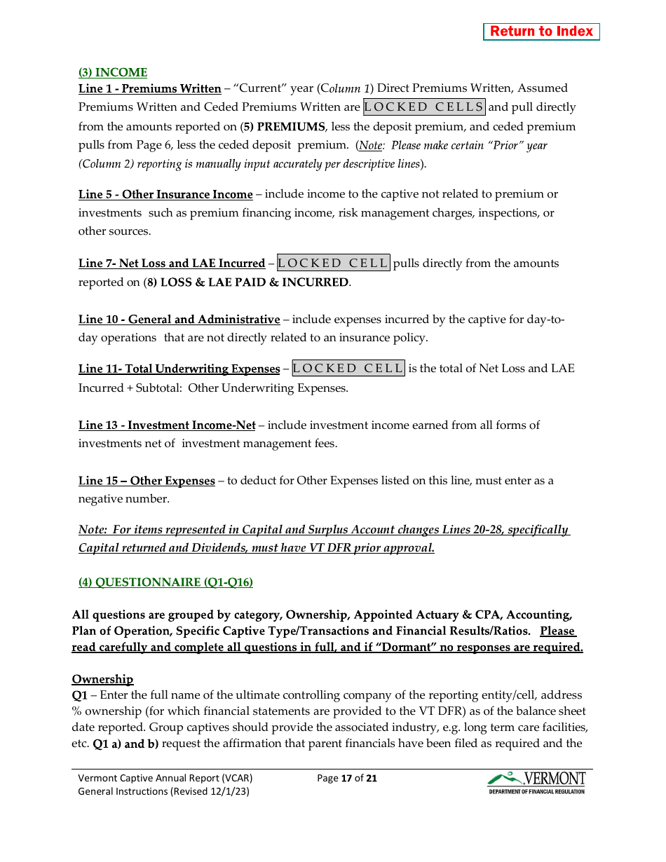 Instructions for Vermont Captive Insurance Company Annual Report - Vermont, Page 17