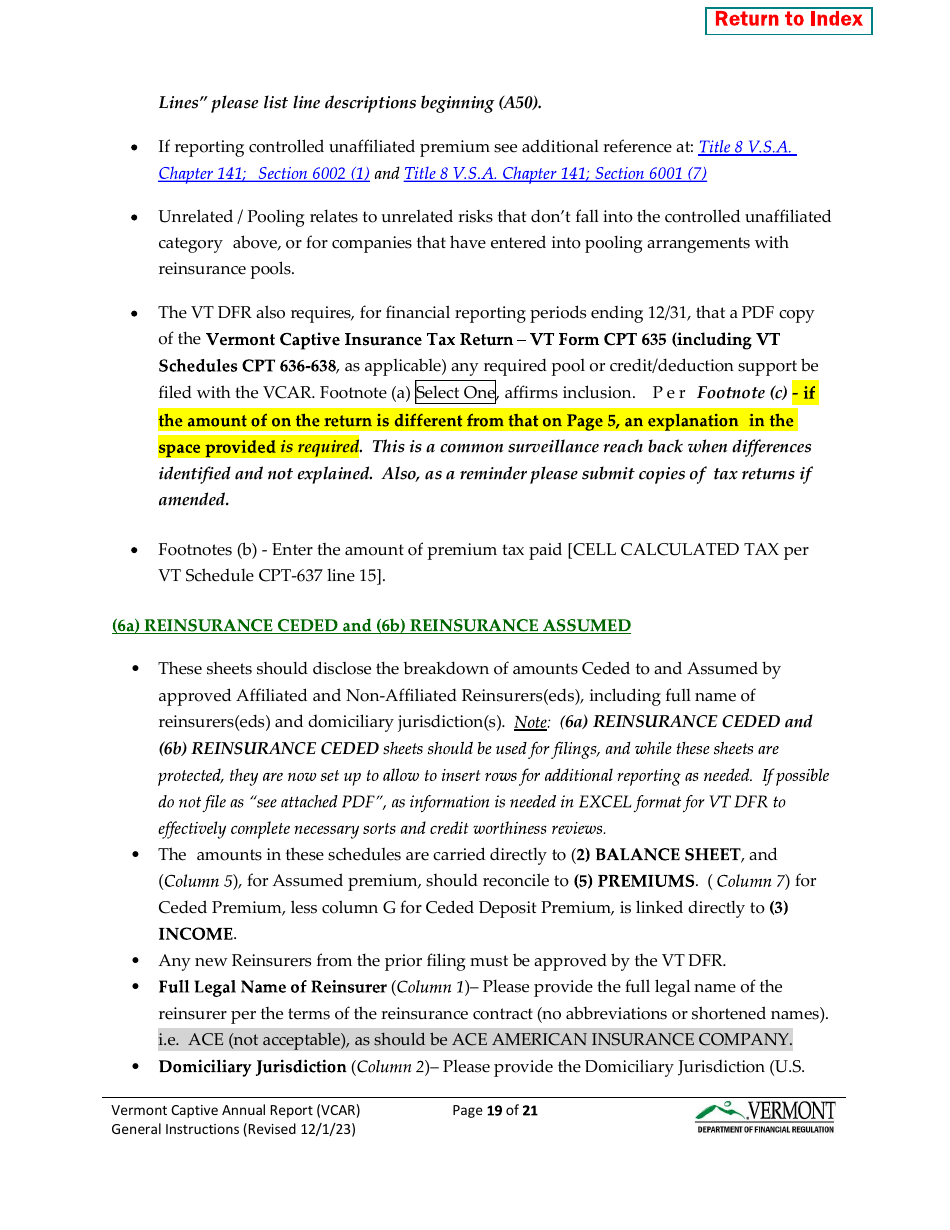 Instructions for Vermont Captive Insurance Company Annual Report - Vermont, Page 19