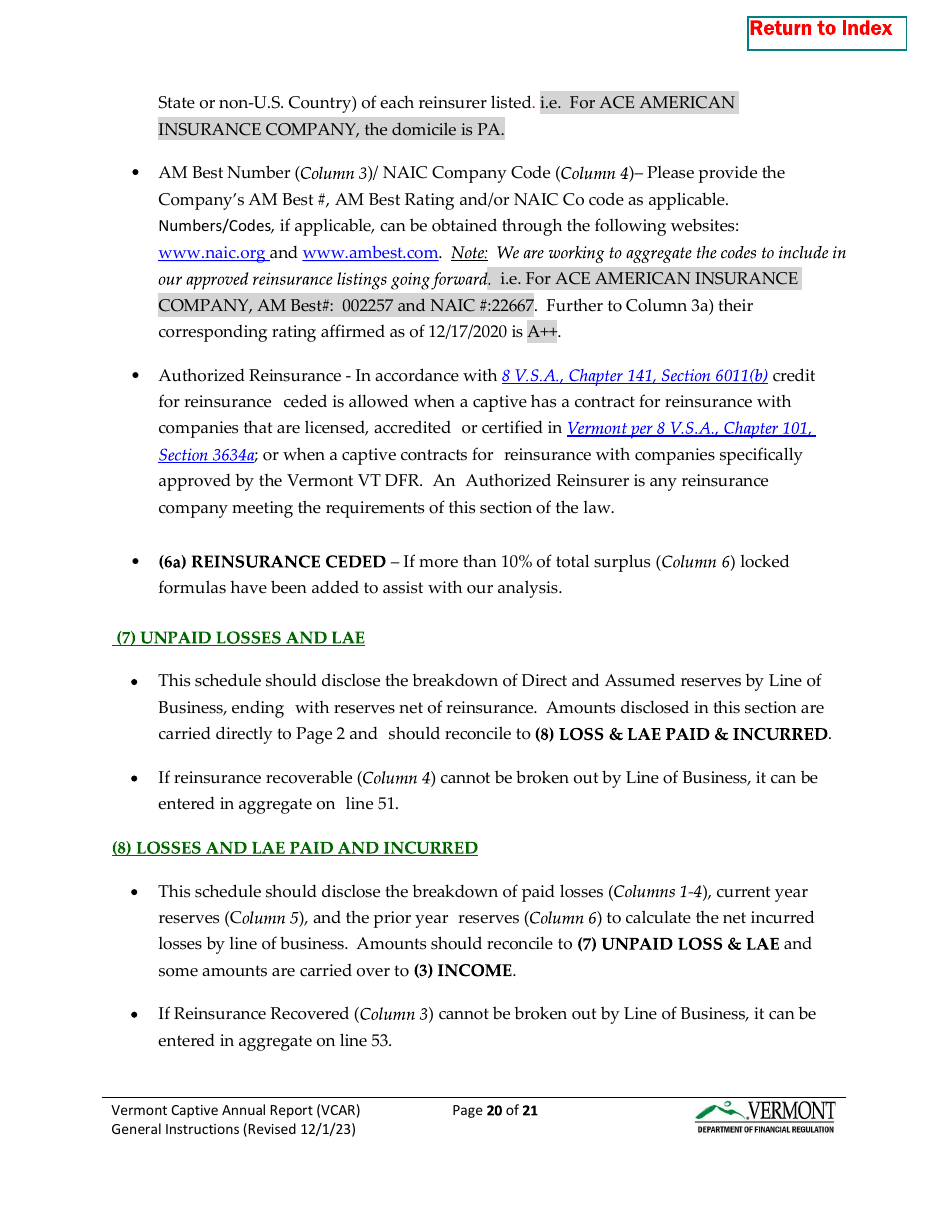 Instructions for Vermont Captive Insurance Company Annual Report - Vermont, Page 20