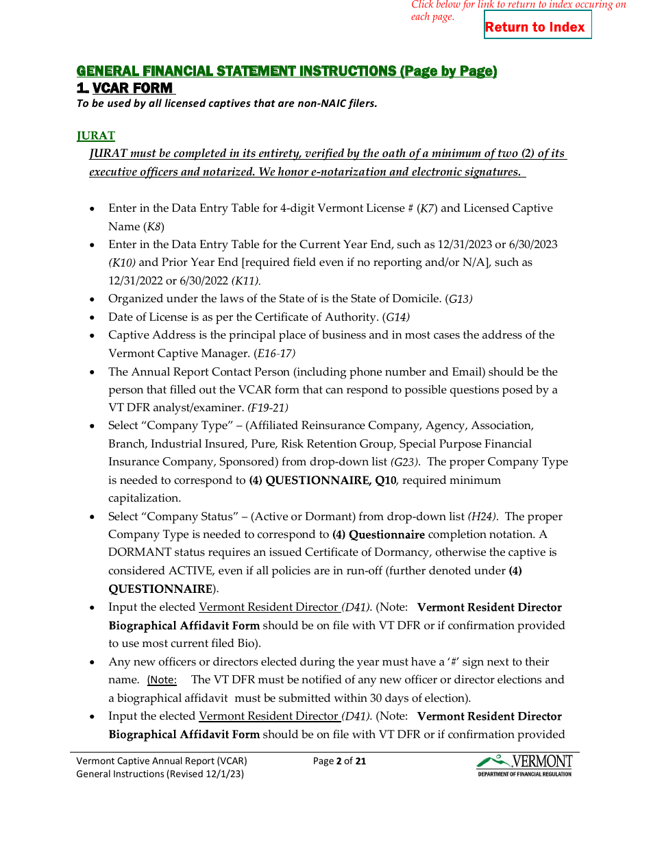Instructions for Vermont Captive Insurance Company Annual Report - Vermont, Page 2
