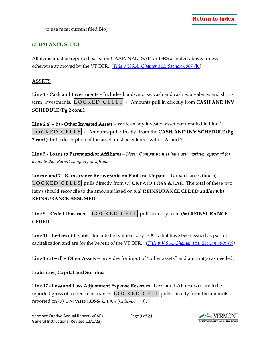 Instructions for Vermont Captive Insurance Company Annual Report - Vermont, Page 3