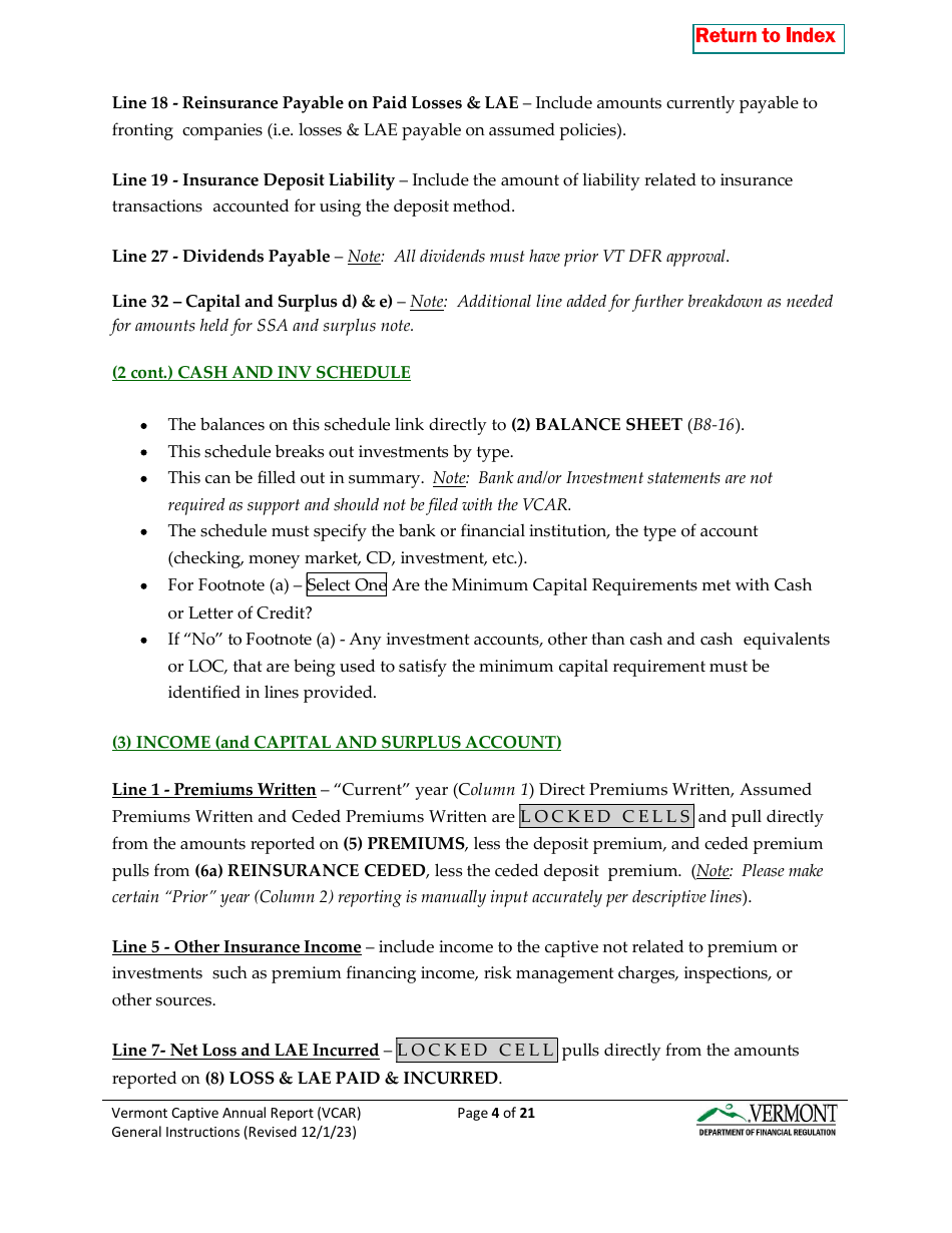 Instructions for Vermont Captive Insurance Company Annual Report - Vermont, Page 4