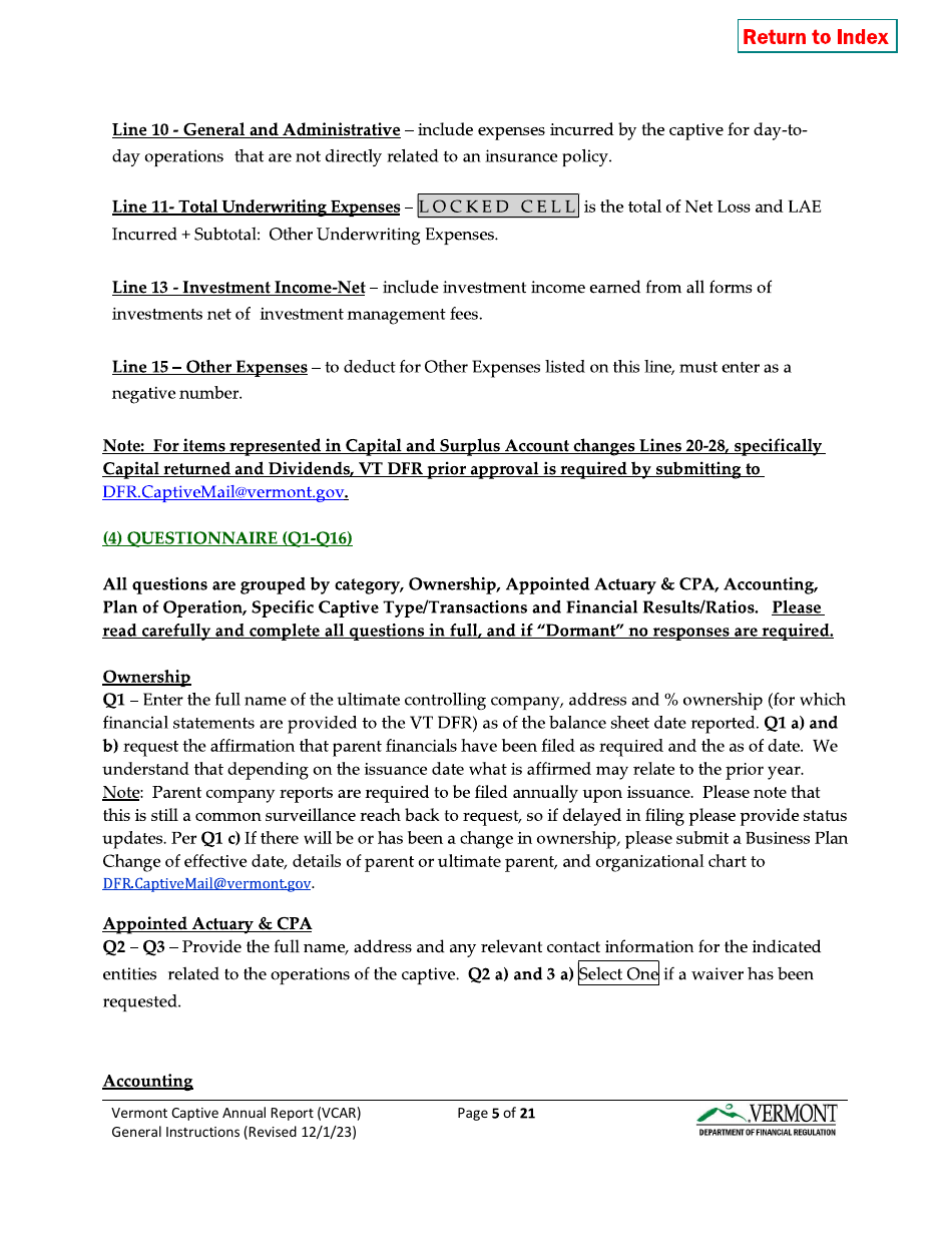 Instructions for Vermont Captive Insurance Company Annual Report - Vermont, Page 5