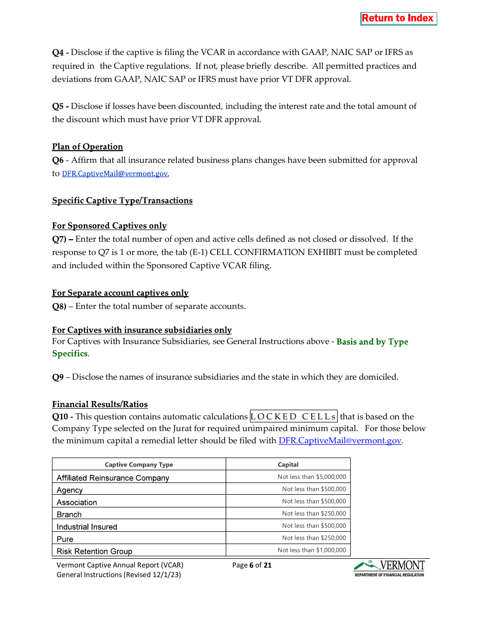 Instructions for Vermont Captive Insurance Company Annual Report - Vermont, Page 6