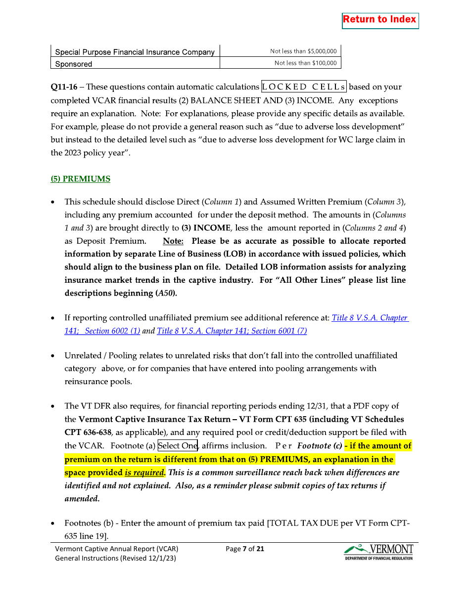 Instructions for Vermont Captive Insurance Company Annual Report - Vermont, Page 7
