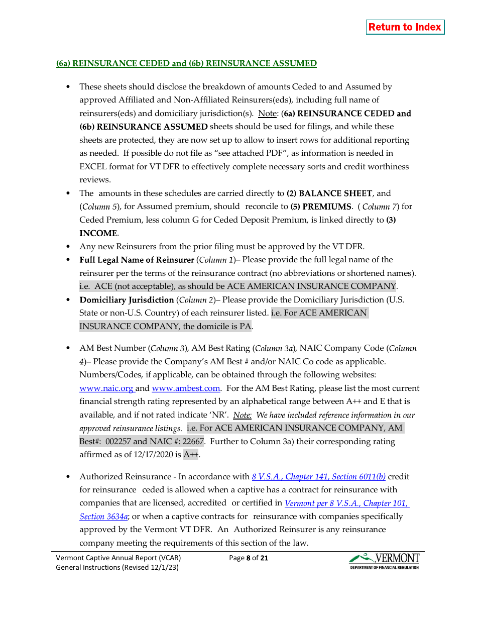 Instructions for Vermont Captive Insurance Company Annual Report - Vermont, Page 8