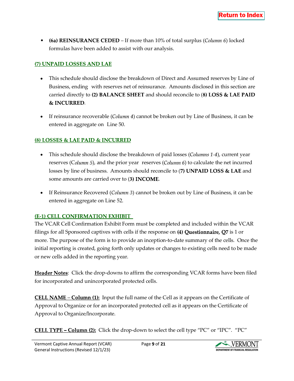 Instructions for Vermont Captive Insurance Company Annual Report - Vermont, Page 9