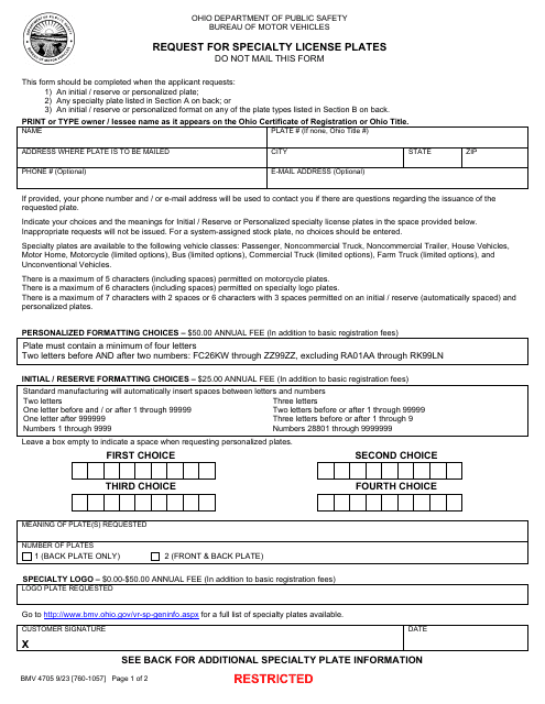 Form BMV4705 Request for Special License Plates - Ohio