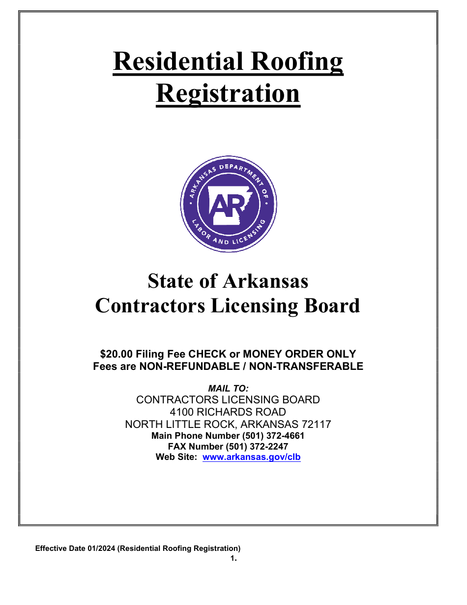 Residential Roofing Registration Application - Arkansas, Page 1