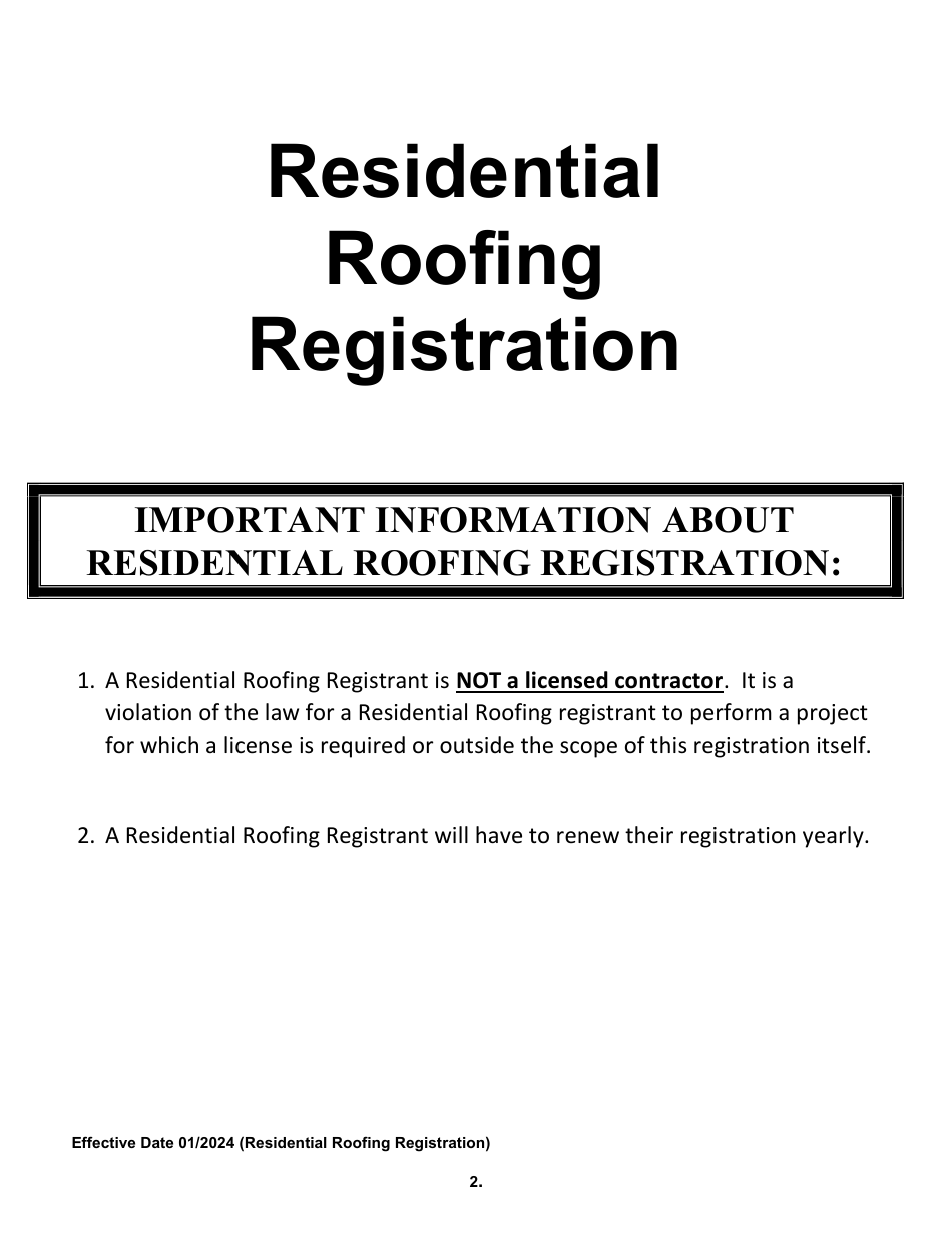 Residential Roofing Registration Application - Arkansas, Page 2