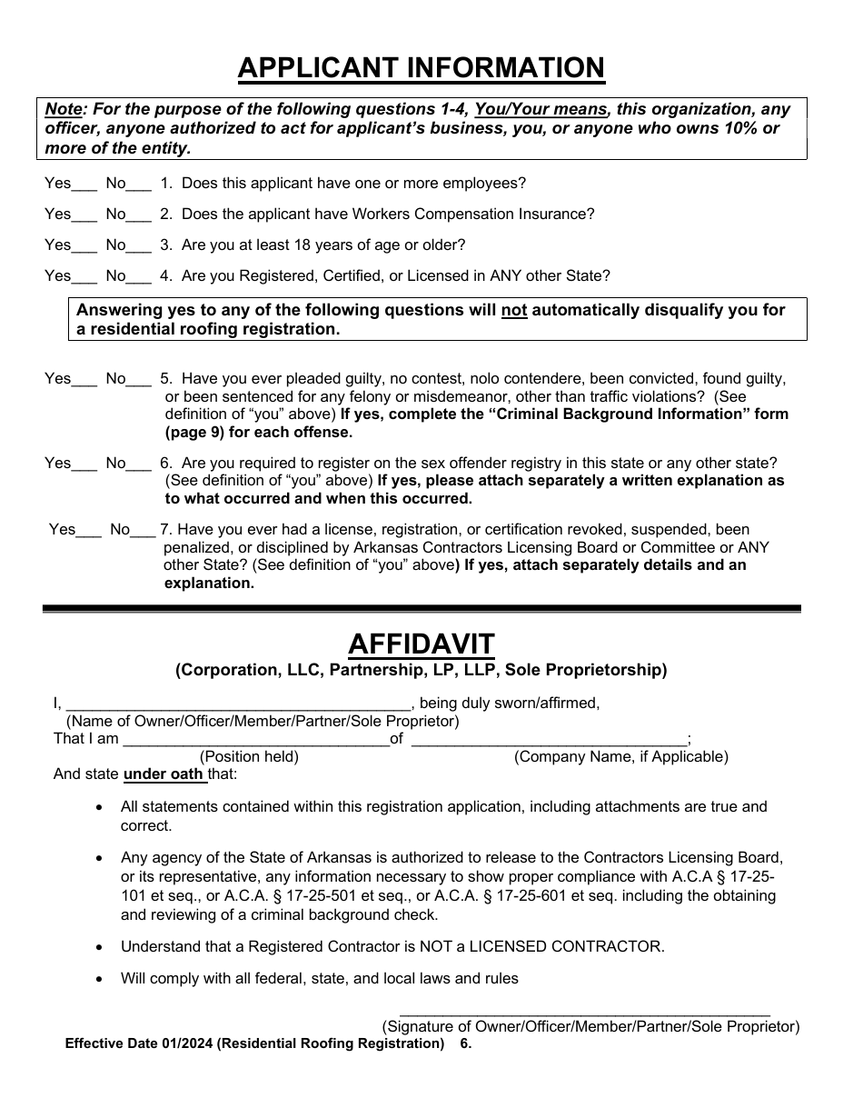 Residential Roofing Registration Application - Arkansas, Page 6