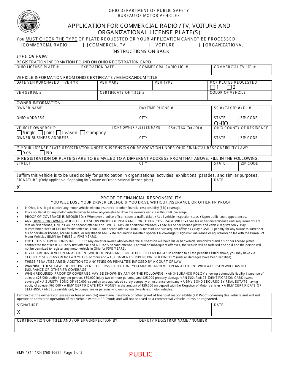Form BMV4814 Application for Commercial Radio / Tv, Voiture and Organizational License Plate(S) - Ohio, Page 1