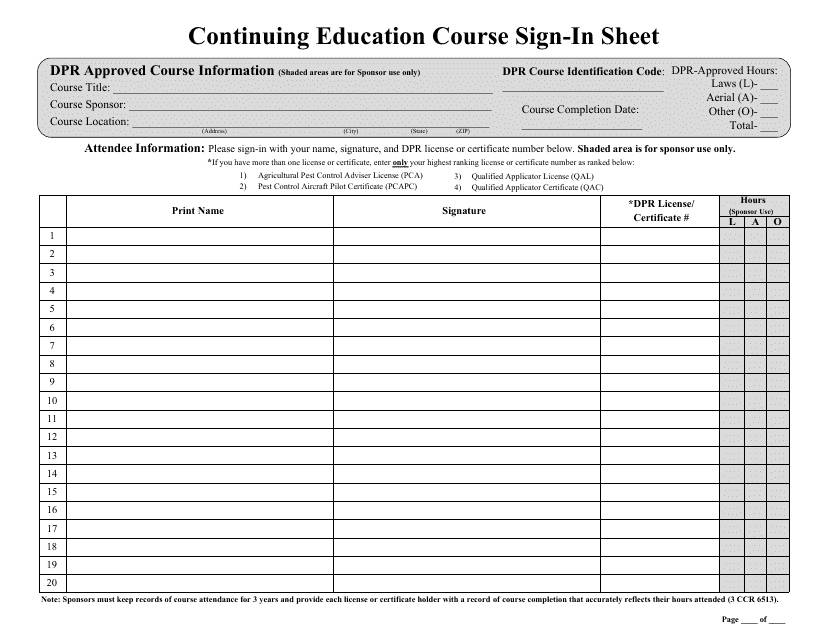 Continuing Education Course Sign-In Sheet - California Download Pdf