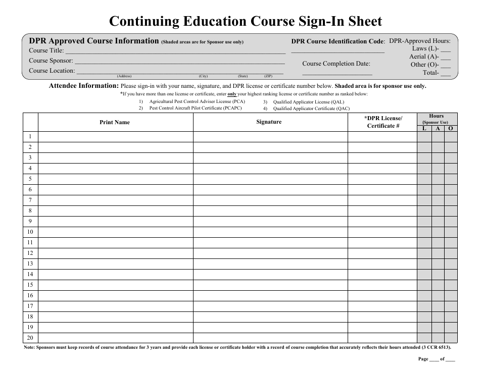 Continuing Education Course Sign-In Sheet - California, Page 1