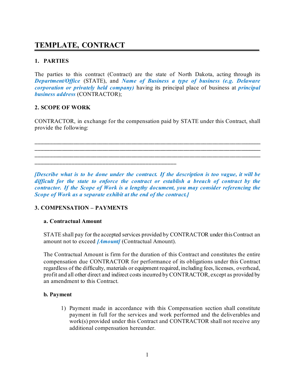 Goods and Services Contract Template - North Dakota, Page 1