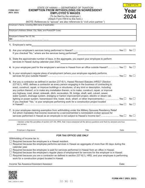 Form HW-7 Exemption From Withholding on Nonresident Employee's Wages - Hawaii, 2024