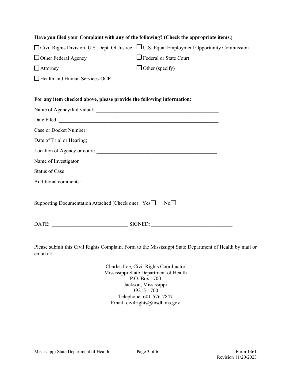 Form 1361 Civil Rights Complaint Form - Mississippi, Page 3