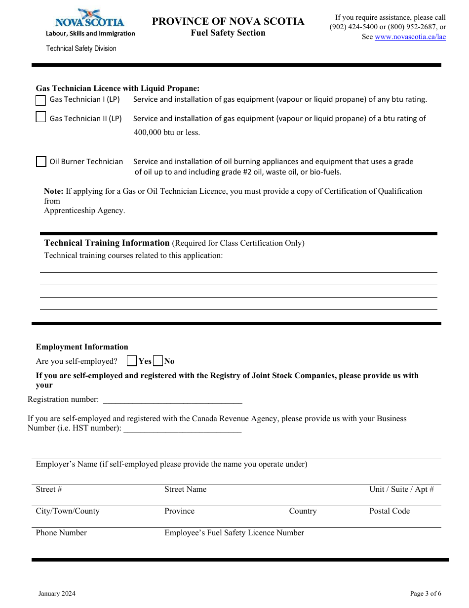 Application for Gas Operator Licence, Gas Technician Licence and Oil Burner Technician License - Nova Scotia, Canada, Page 3